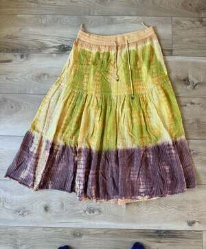 Lotus Boho Tie Dye Crinkle Cotton Tiered Midi Skirt with Bell Charms
